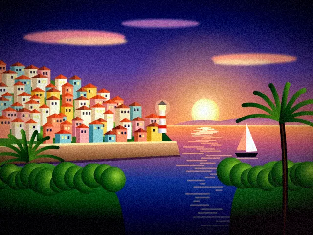 Seaside town at sunset with the Neon Night look