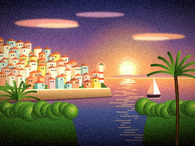 Seaside town at sunset with the CineStill 800T look