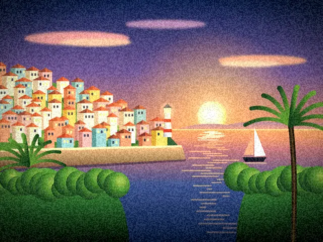 Seaside town at sunset with the Disposable '98 look