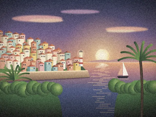 Seaside town at sunset with the Faded look