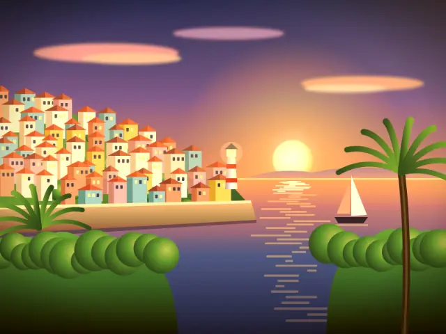 Seaside town at sunset with the Golden Hour look