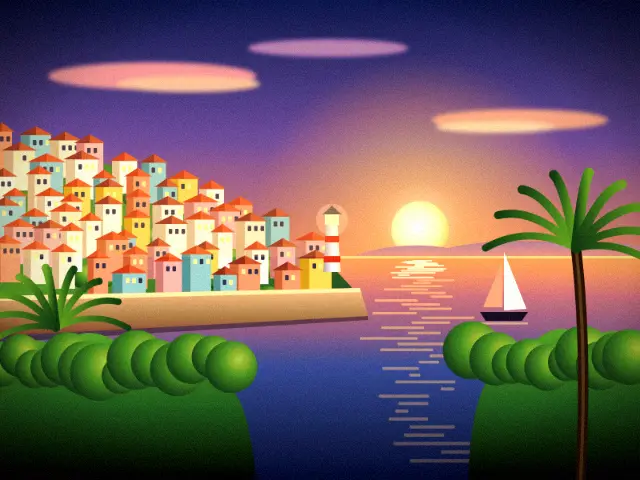 Seaside town at sunset with the Kodachrome look