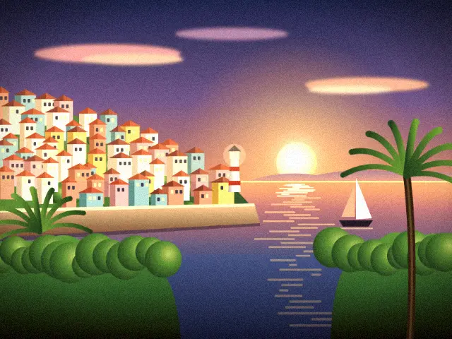 Seaside town at sunset with the Portra 400 look