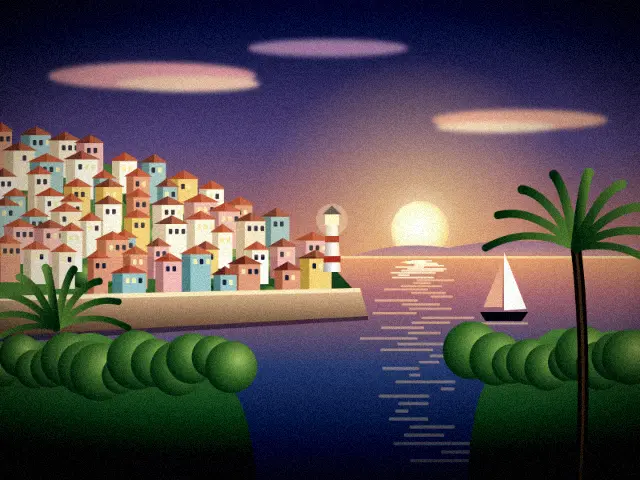 Seaside town at sunset with the Moody Cinema look