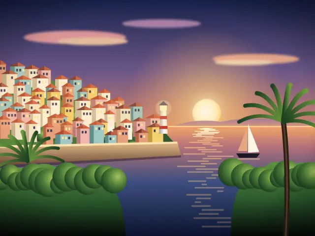 Seaside town at sunset, original