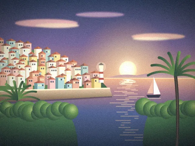 Seaside town at sunset with the Polaroid look