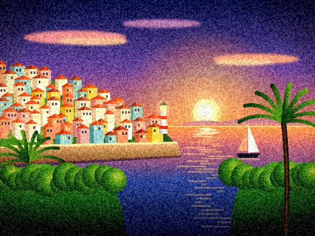 Seaside town at sunset with the VHS Camcorder look