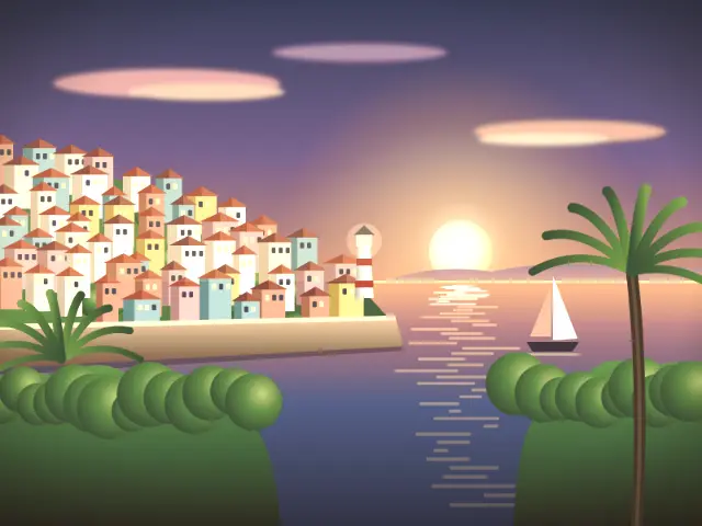 Seaside town at sunset with the Pastel Cinema look