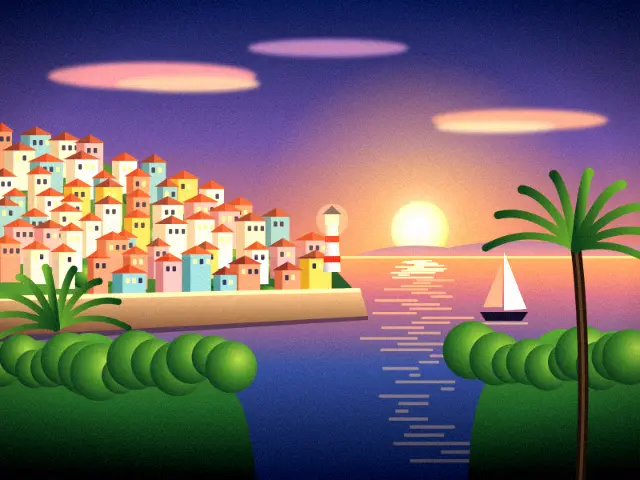 Seaside town at sunset with the Y2K Digicam look